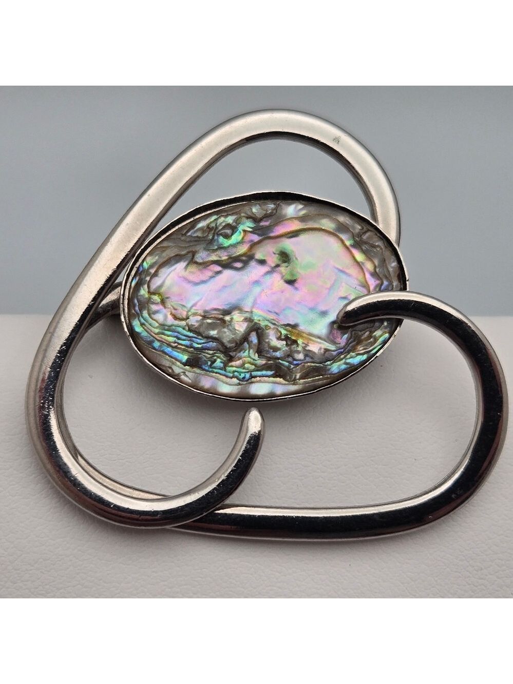 Silver-Tone Oval Abalone Shell Brooch Circular Design Statement Timeless Elegant